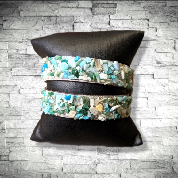 C1 Unique Natural Gemstone Double Wrap Bracelet Aqua Seafoam Green Mint Blue - Picture 10 of 17